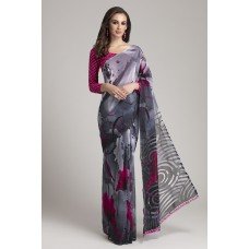 CS-32 GREY AND PINK FLORAL PRINTED PARTY WEAR SARI 